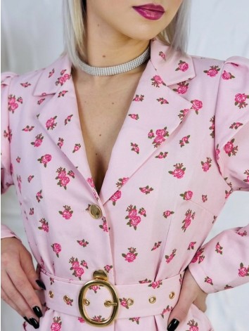 Dámsky elegantný kvetovaný overal s opaskom - ružový