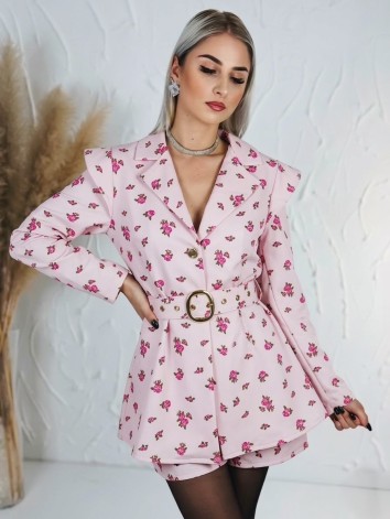 Dámsky elegantný kvetovaný overal s opaskom - ružový