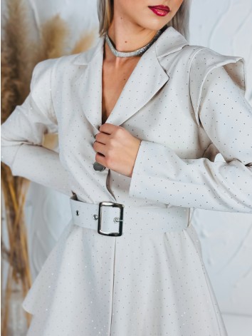 Dámsky elegantný overal s opaskom a ozdobnými kamienkami - béžový