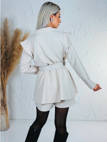 Dámsky elegantný overal s opaskom a ozdobnými kamienkami - béžový