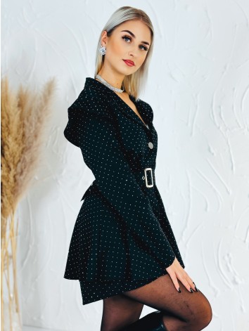 Dámsky elegantný overal s opaskom a ozdobnými kamienkami - čierny