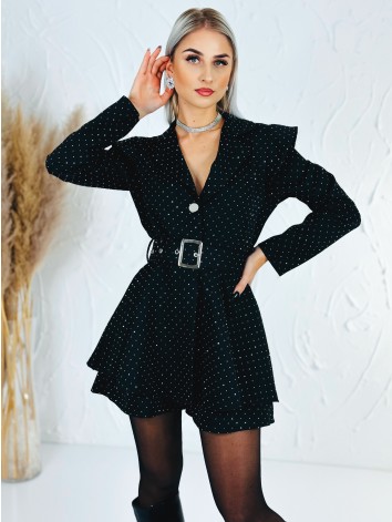 Dámsky elegantný overal s opaskom a ozdobnými kamienkami - čierny