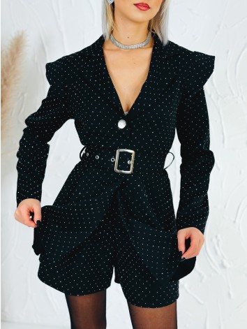Dámsky elegantný overal s opaskom a ozdobnými kamienkami - čierny