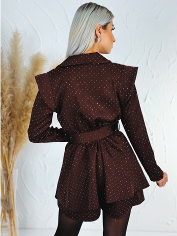 Dámsky elegantný overal s opaskom a ozdobnými kamienkami - hnedý