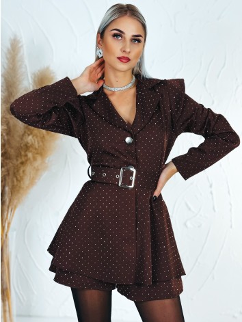 Dámsky elegantný overal s opaskom a ozdobnými kamienkami - hnedý