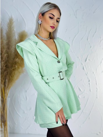 Dámsky elegantný overal s opaskom a ozdobnými kamienkami - zelený