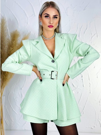 Dámsky elegantný overal s opaskom a ozdobnými kamienkami - zelený