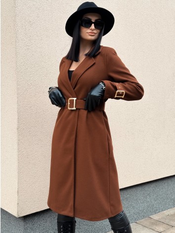 Dámsky elegantný tmavo hnedý kabát s opaskom a prackami Droin