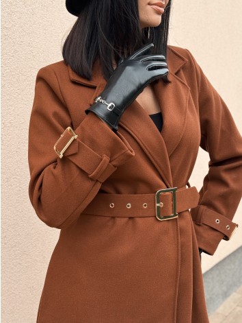 Dámsky elegantný tmavo hnedý kabát s opaskom a prackami Droin