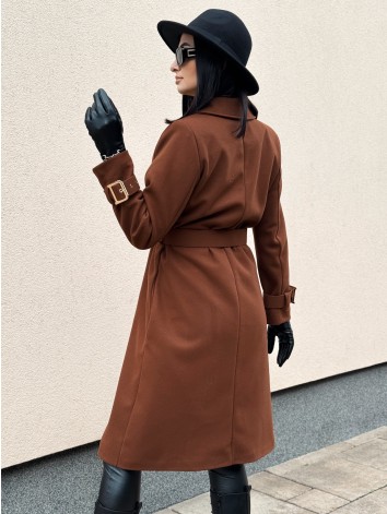 Dámsky elegantný tmavo hnedý kabát s opaskom a prackami Droin
