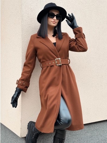 Dámsky elegantný tmavo hnedý kabát s opaskom a prackami Droin