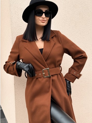 Dámsky elegantný tmavo hnedý kabát s opaskom a prackami Droin