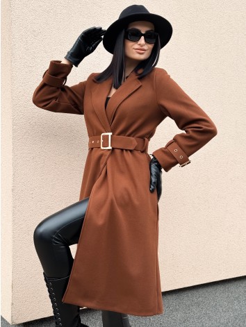 Dámsky elegantný tmavo hnedý kabát s opaskom a prackami Droin