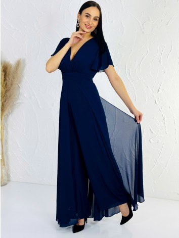 Dámsky elegantný tmavomodrý overal s krátkym rukávom pre moletky