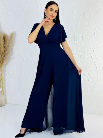 Dámsky elegantný tmavomodrý overal s krátkym rukávom pre moletky