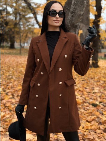 Dámsky hnedý elegantný kabát s dvojradovým zapínaním Amara
