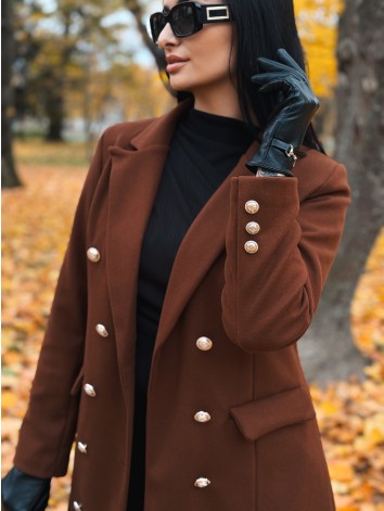 Dámsky hnedý elegantný kabát s dvojradovým zapínaním Amara