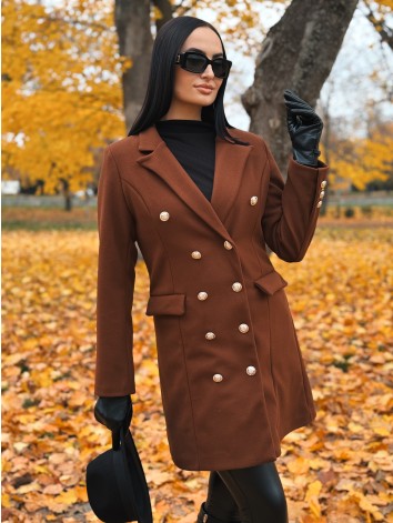 Dámsky hnedý elegantný kabát s dvojradovým zapínaním Amara
