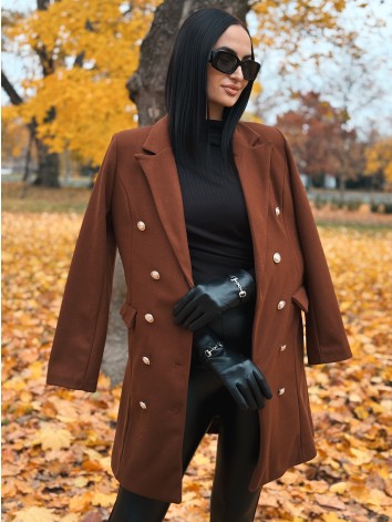 Dámsky hnedý elegantný kabát s dvojradovým zapínaním Amara