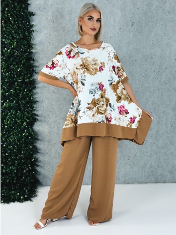 Dámsky hnedý letný komplet s kvetmi a širokými nohavicami