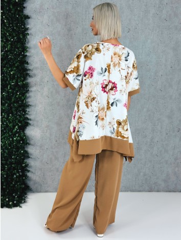 Dámsky hnedý letný komplet s kvetmi a širokými nohavicami