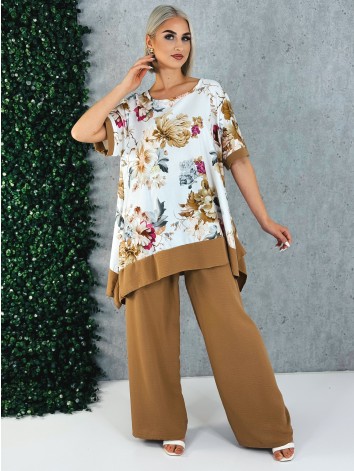 Dámsky hnedý letný komplet s kvetmi a širokými nohavicami