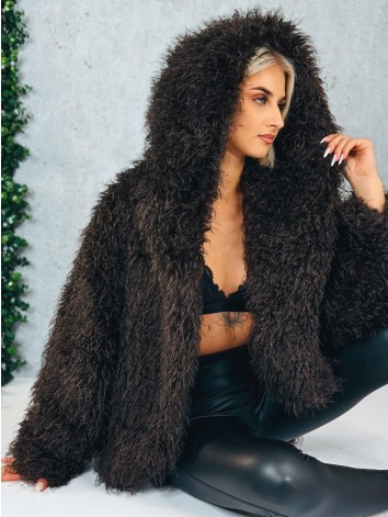 Dámsky hnedý ovečkový kožuch s kapucňou Aria