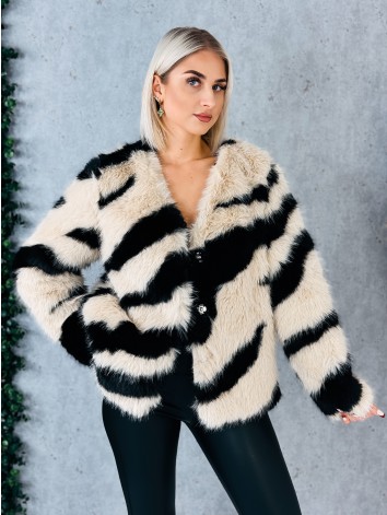 Dámsky kožuch so zvieracim vzorom - čierno béžový
