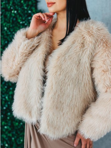 Dámsky krátky trblietavý ružovo-béžový kožuch