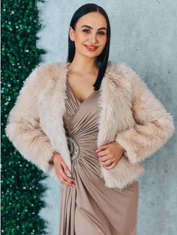 Dámsky krátky trblietavý ružovo-béžový kožuch