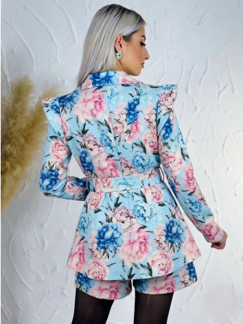 Dámsky modrý elegantný kvetovaný overal s opaskom a véčkovým výstrihom