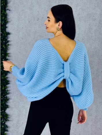 Dámsky modrý pletený sveter s uzlom