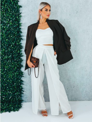 Dámsky nohavicový komplet s topom a širokými nohavicami - biely