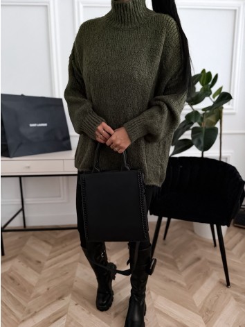 Dámsky oversize sveter s rolákom v khaki farbe