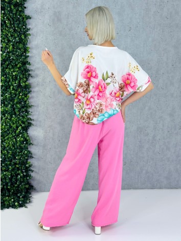 Dámsky ružový letný komplet s kvetmi a širokými nohavicami
