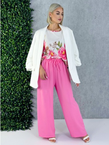 Dámsky ružový letný komplet s kvetmi a širokými nohavicami