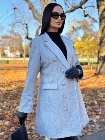 Dámsky sivý elegantný kabát s dvojradovým zapínaním Amara