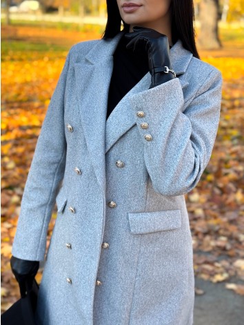 Dámsky sivý elegantný kabát s dvojradovým zapínaním Amara