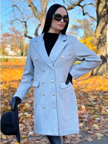 Dámsky sivý elegantný kabát s dvojradovým zapínaním Amara