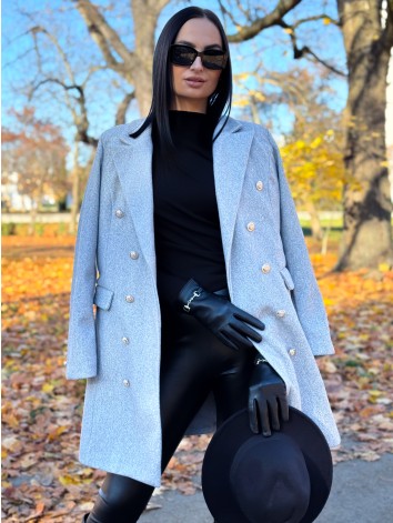 Dámsky sivý elegantný kabát s dvojradovým zapínaním Amara