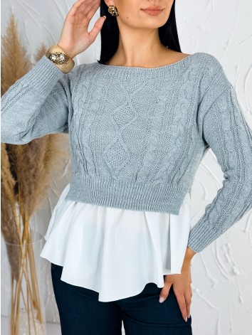 Dámsky sivý sveter s volánovým detailom