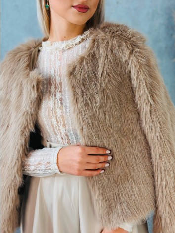 Dámsky svetlohnedý kožuštek s huňatým efektom