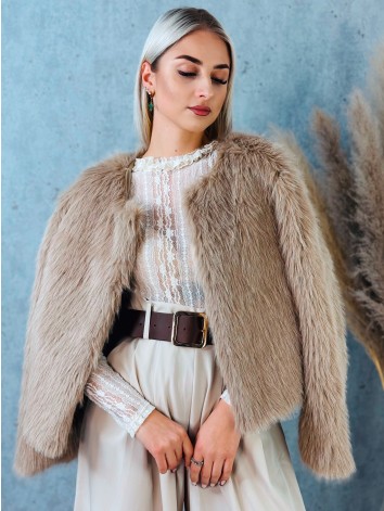 Dámsky svetlohnedý kožuštek s huňatým efektom