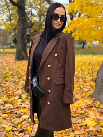 Dámsky tmavo hnedý elegantný kabát s dvojradovým zapínaním Amara