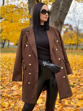 Dámsky tmavo hnedý elegantný kabát s dvojradovým zapínaním Amara