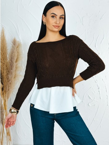 Dámsky tmavo hnedý sveter s volánovým detailom
