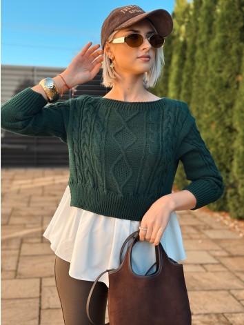 Dámsky tmavo zelený sveter s volánovým detailom