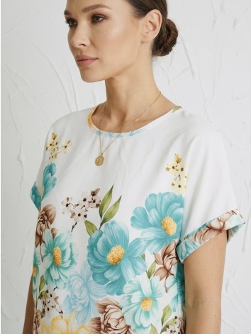 Dámsky tyrkysový letný komplet s kvetmi a širokými nohavicami