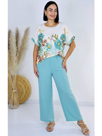 Dámsky tyrkysový letný komplet s kvetmi a širokými nohavicami