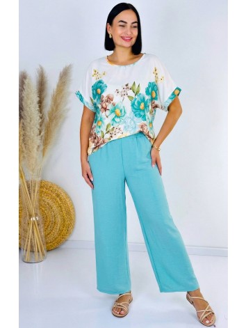 Dámsky tyrkysový letný komplet s kvetmi a širokými nohavicami